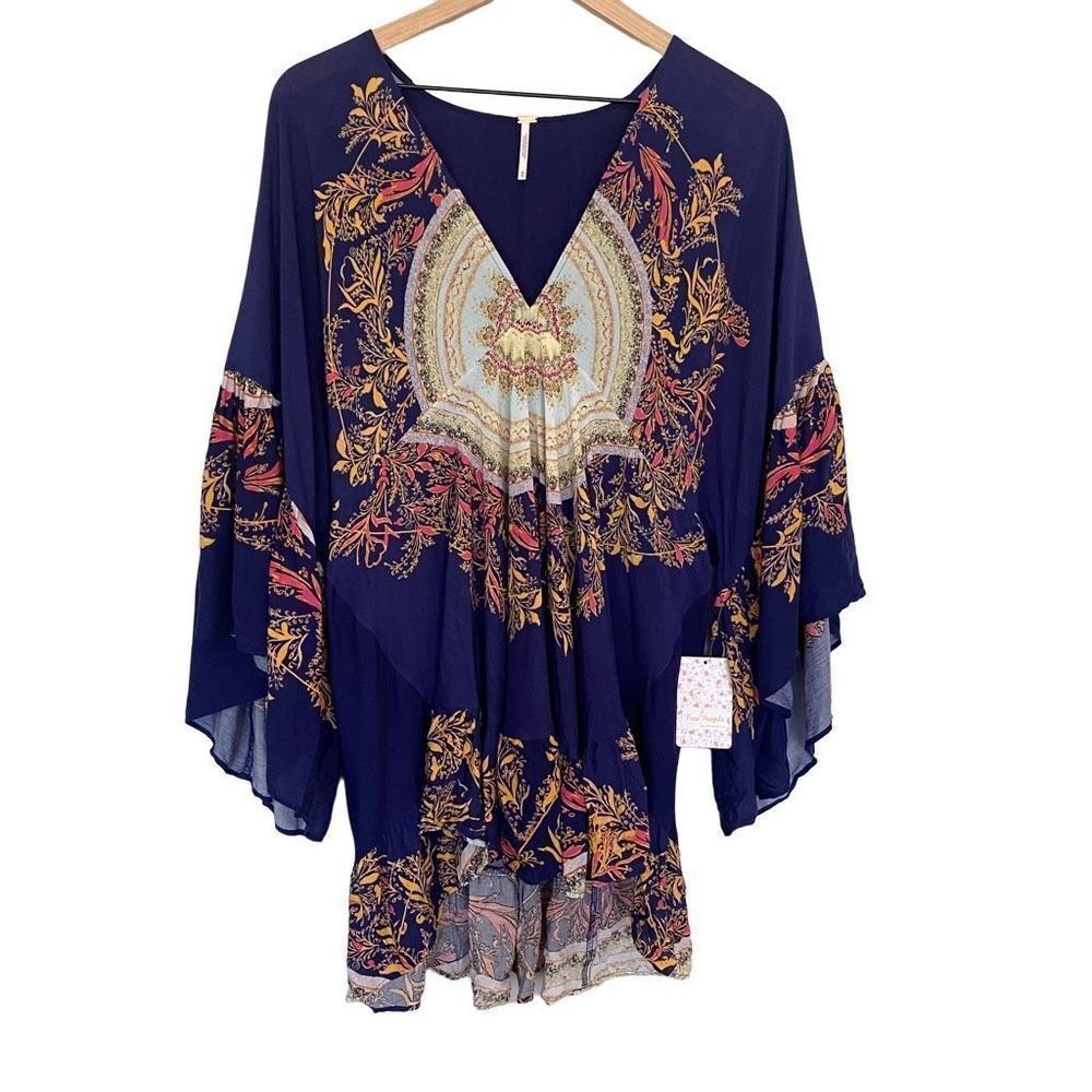 NWT Free People Medium Boho Blue Floral Tunic Flare Sleeve Blouse Sunset Dream